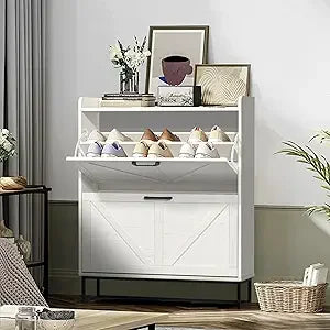 Narrow Cabinet with 2 Flip Drawers, Shoe Organizer