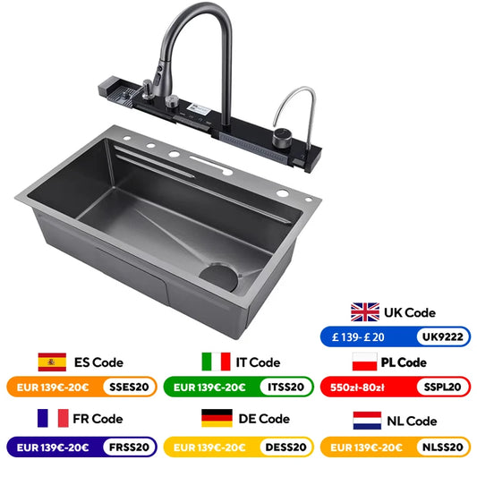 304 Stainless Steel Waterfall Kitchen Sink Large Single Slot