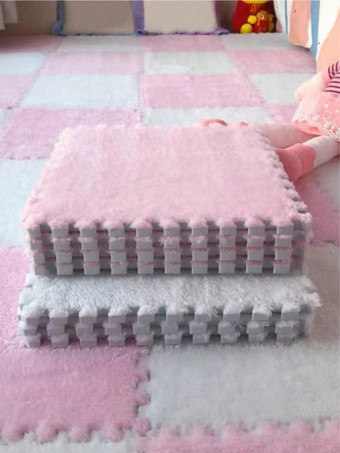 3/6/12Pcs Pink Plush Interlocking Foam Cushion Tiles