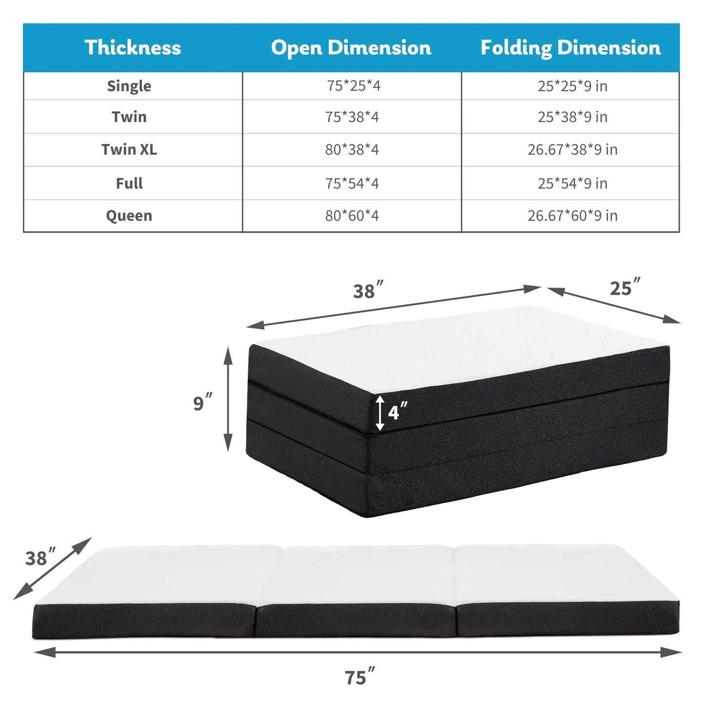 Tri-Fold Memory Foam Mattress, Collapsible