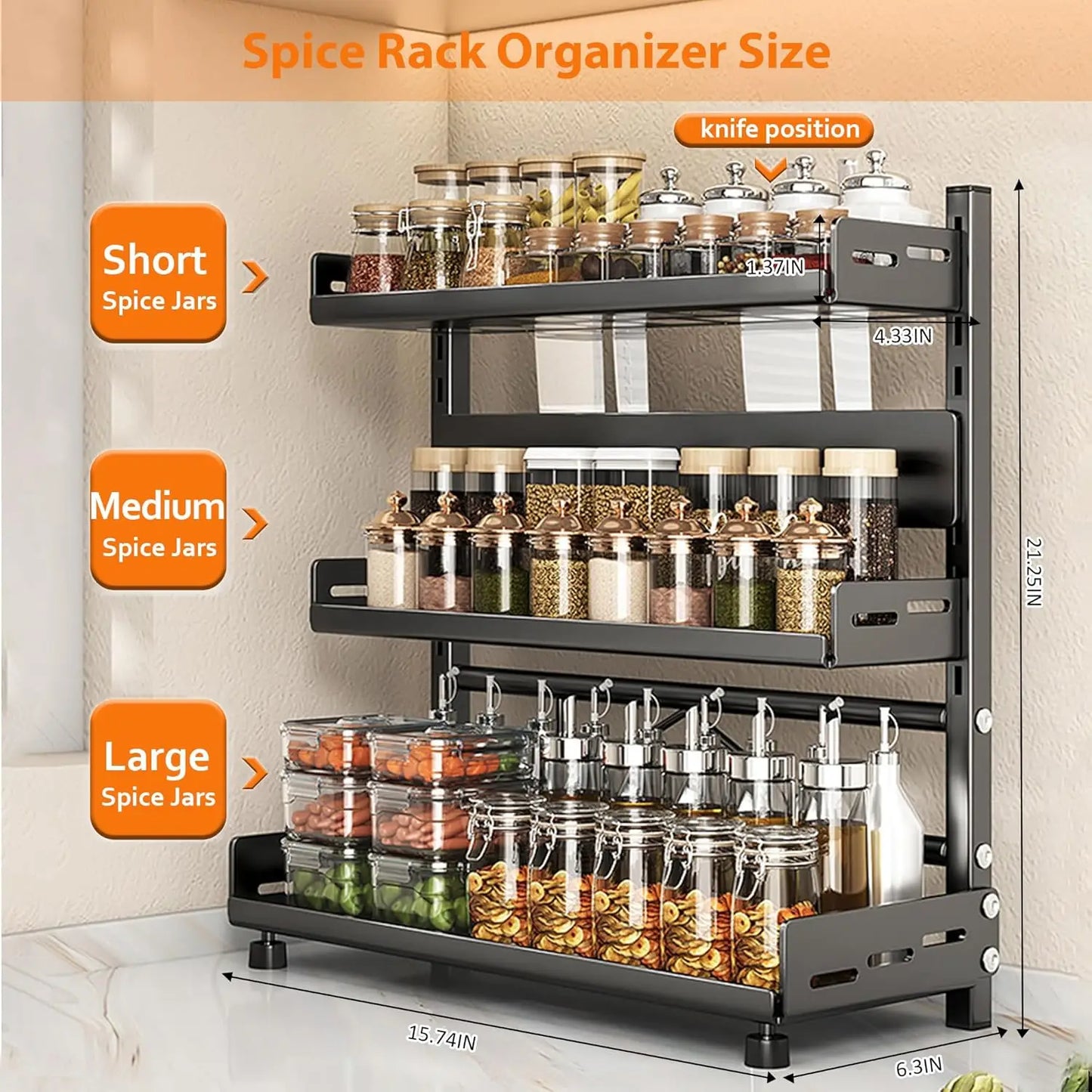Three-tier height spice rack
