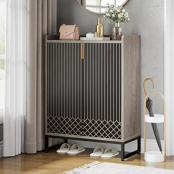 Grey Shoe Cabinet with Doors, 5-Tier Shoe Storage