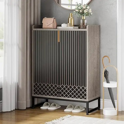 Grey Shoe Cabinet with Doors, 5-Tier Shoe Storage
