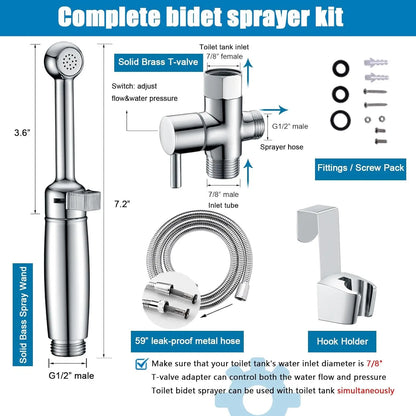 Handheld Bidet Sprayer for Toilet with Adjustable Pressure, Backflow Preventer, and Brass Wand - Easy Installation