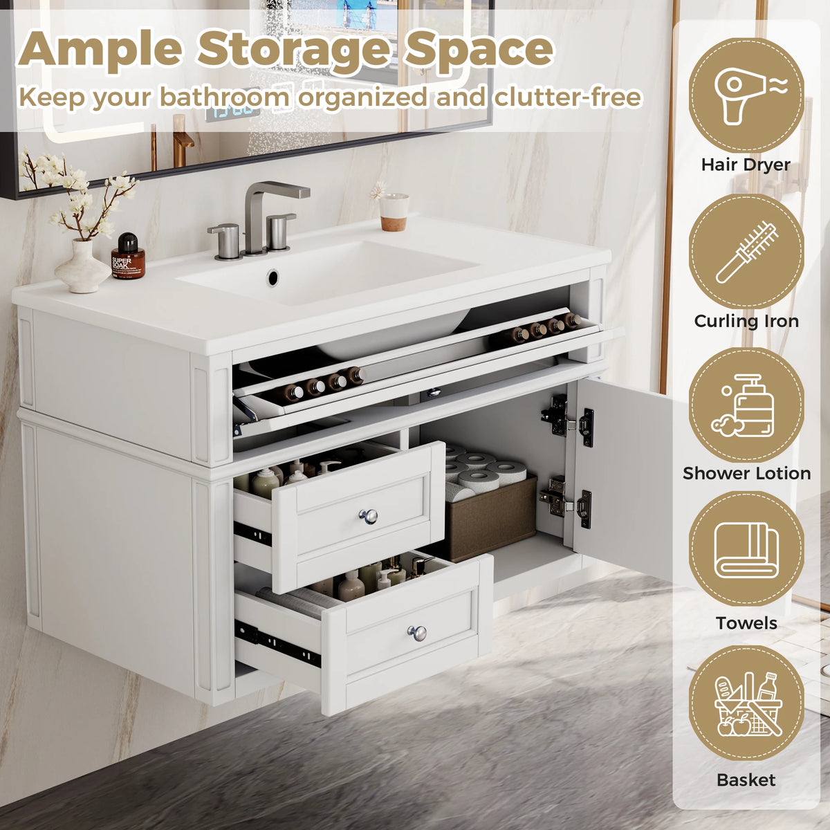 36'' Modern Floating Bathroom Vanity with Ceramic Sink