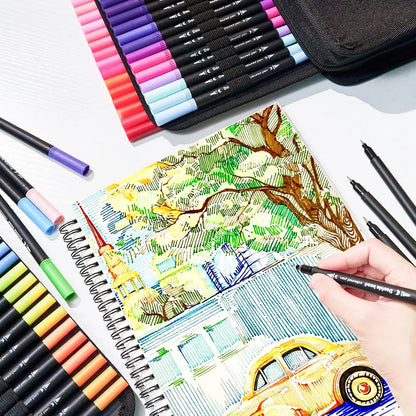 72 Colors Premium Dual Tip Art Markers Set with Foldable Case - Extra Fine & Brush Tips for Adult Artists Drawing, Painting