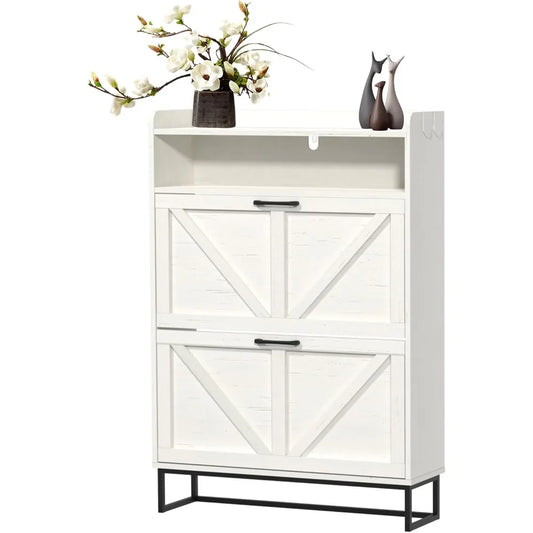 Narrow Cabinet with 2 Flip Drawers, Shoe Organizer