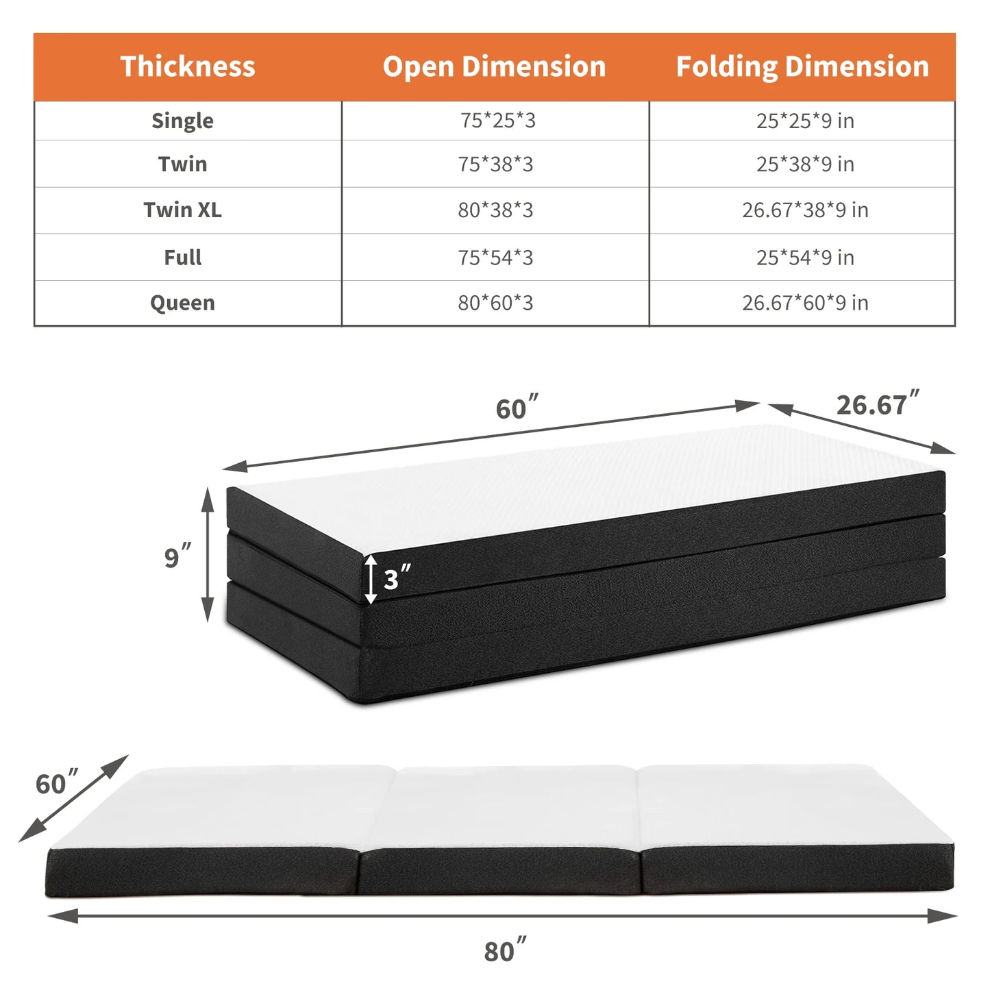 Tri-Fold Memory Foam Mattress, Collapsible