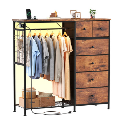 JHK 6 Drawer Fabric Dresser with Hanging Rack for Living Room Closet Storage Organizer with Charging Station and LED Lights for Home Entryway