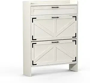 Narrow Cabinet with 2 Flip Drawers, Shoe Organizer