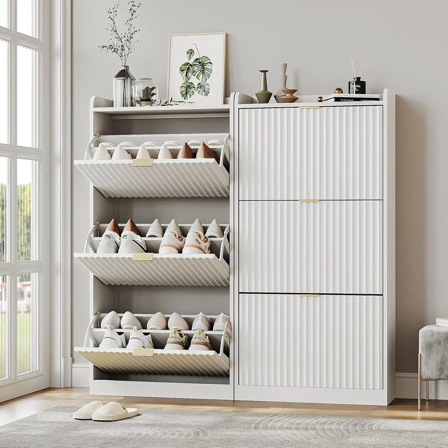 Slim Set of 1-2 Fluted Shoe Cabinets