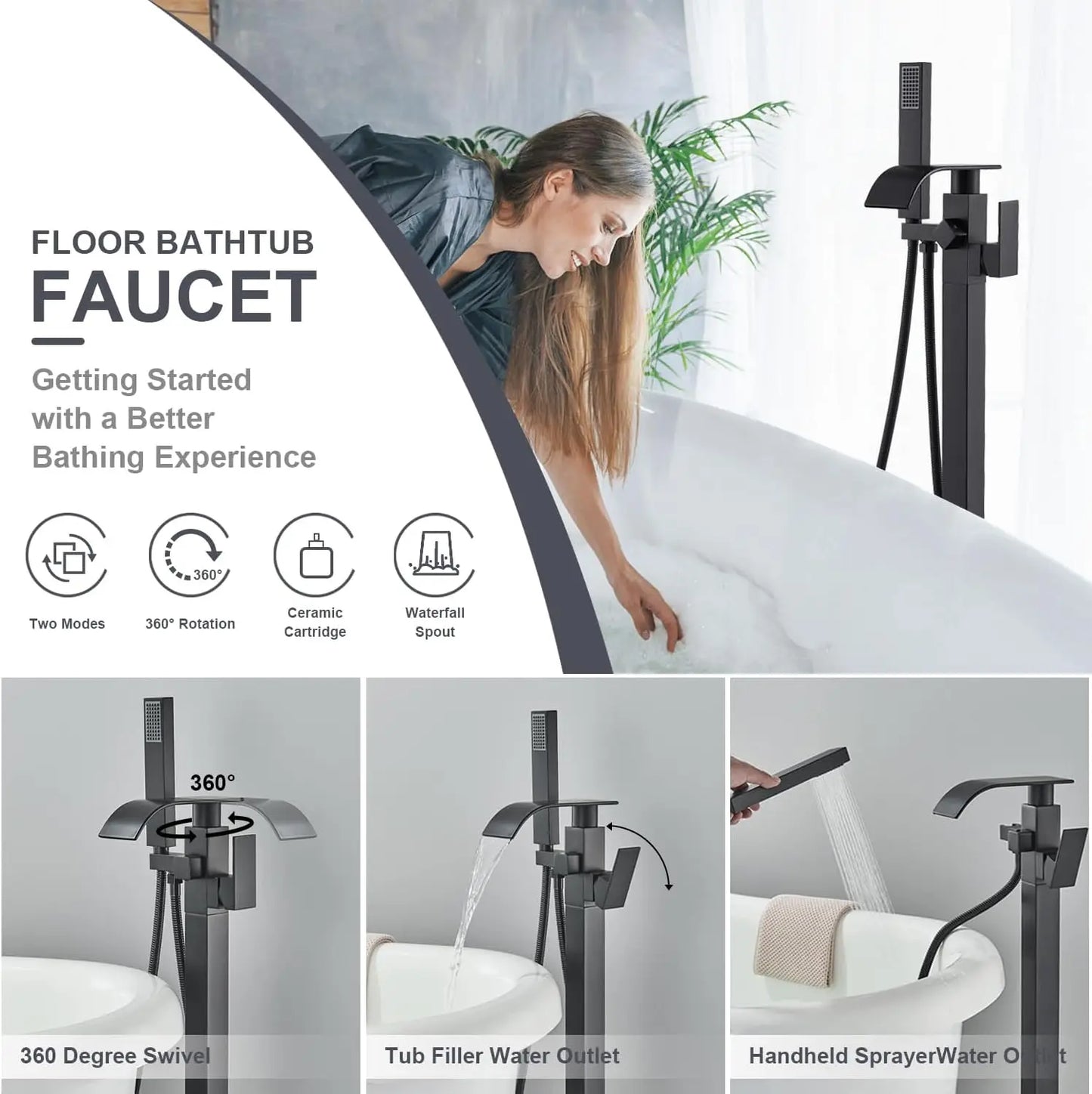 Black Waterfall Free Standing Tub Faucet