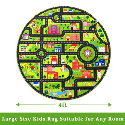 Carpet 4ft Round Kids Rug,Playroom Car Rug Play Mat,City Life Road Rug for Cars,Fun City Map for Track Toys