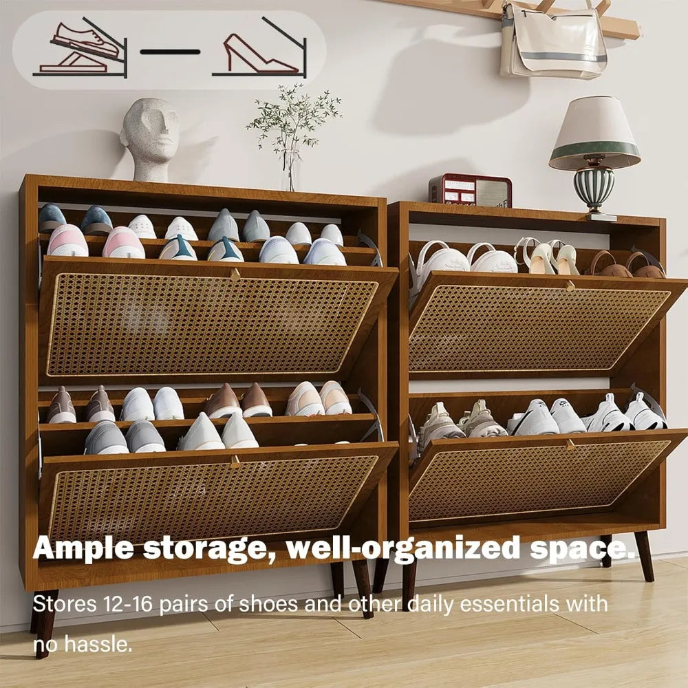 Modern Shoe Cabinet: Slim 2-Tier Flip Oak Wood Drawer