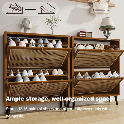 Modern Shoe Cabinet: Slim 2-Tier Flip Oak Wood Drawer