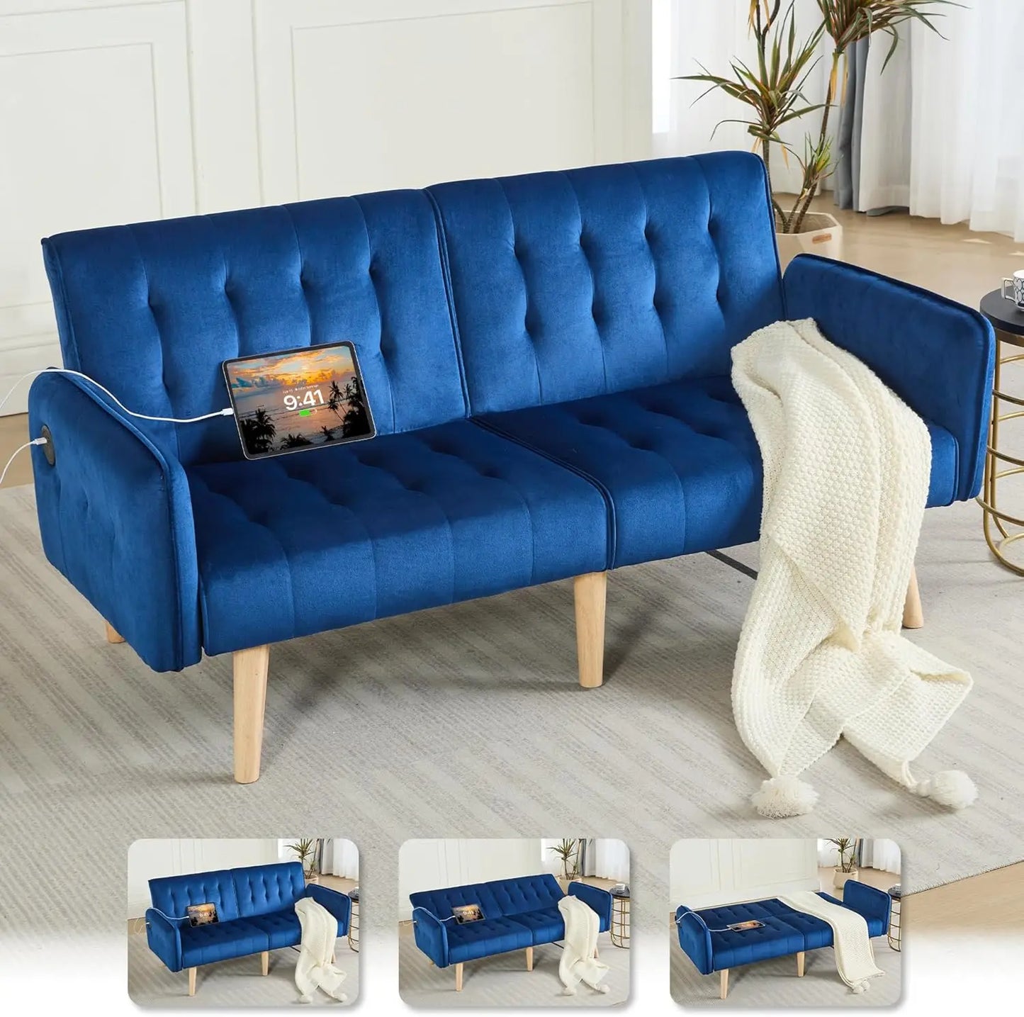 65" Futon Sofa Bed 2 USB