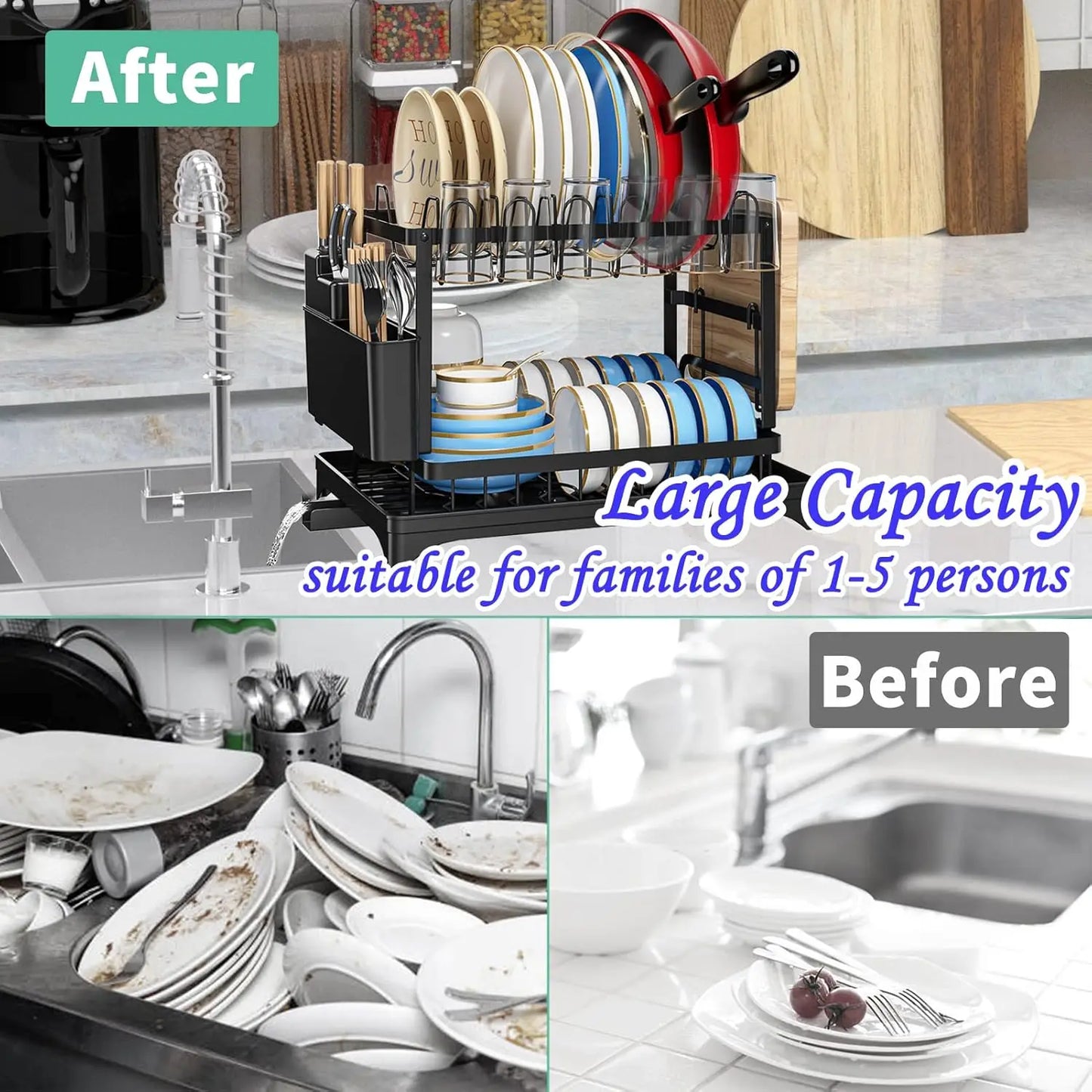 Kitchen countertop 2-tier dish drying rack