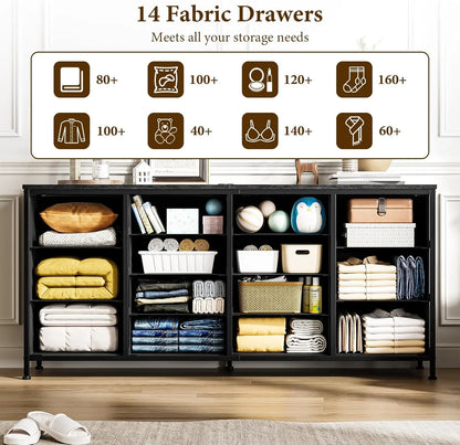14 Drawer Dresser 63 in Black Fabric Dresser TV Stand with Power Outlet for 65 70 75 in TV Long Entertainment Center for Bedroom