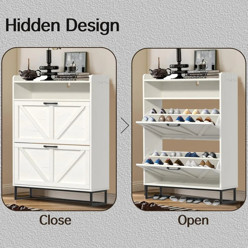 Narrow Cabinet with 2 Flip Drawers, Shoe Organizer