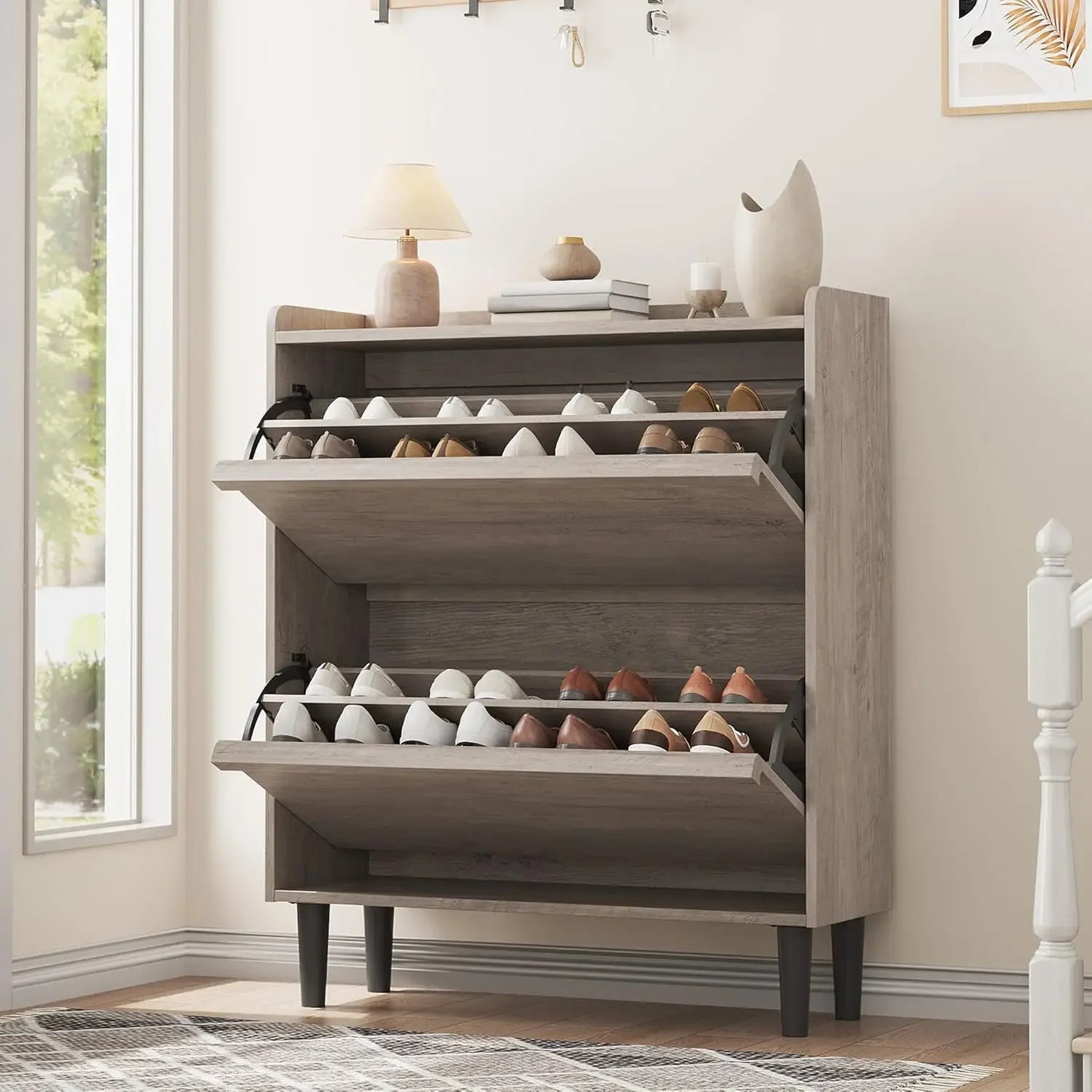 Wooden Shoe Cabinet with Flip Drawers