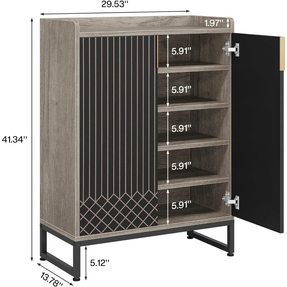 Grey Shoe Cabinet with Doors, 5-Tier Shoe Storage