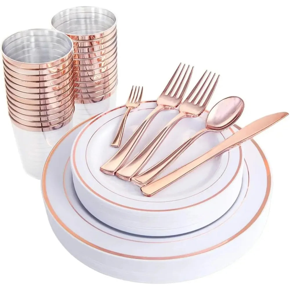 25-piece Disposable Rose Gold Plastic Tableware Set