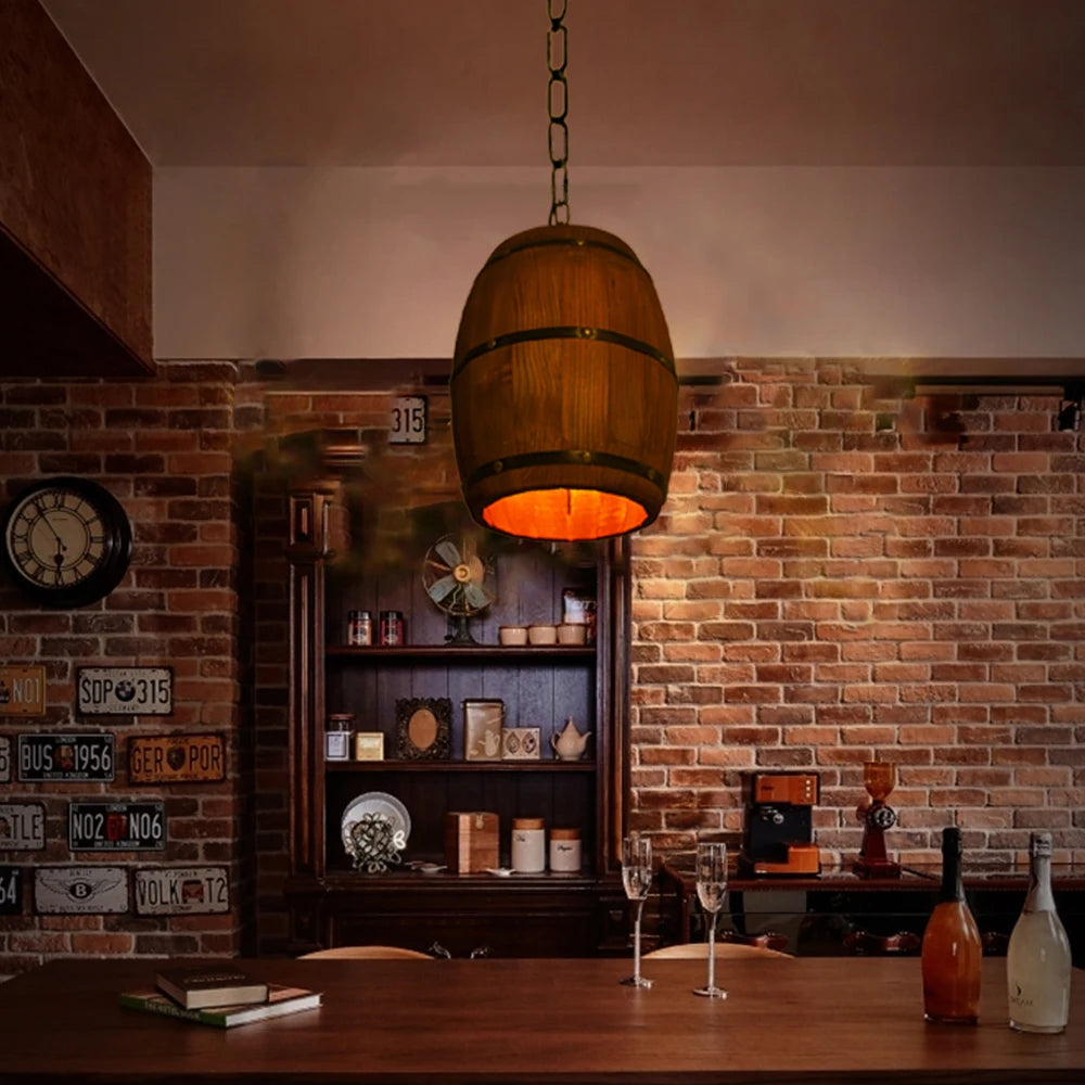Retro Wood Wine Barrel Pendant Light