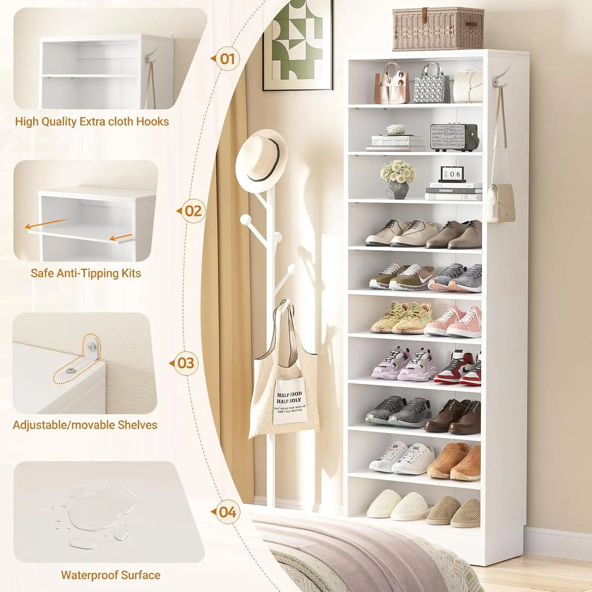 10 Tiers Narrow Wood Shoe Rack