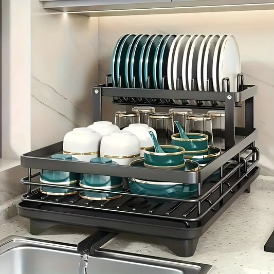 Double-tier extendable dish drainer