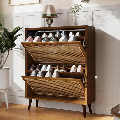 Modern Shoe Cabinet: Slim 2-Tier Flip Oak Wood Drawer