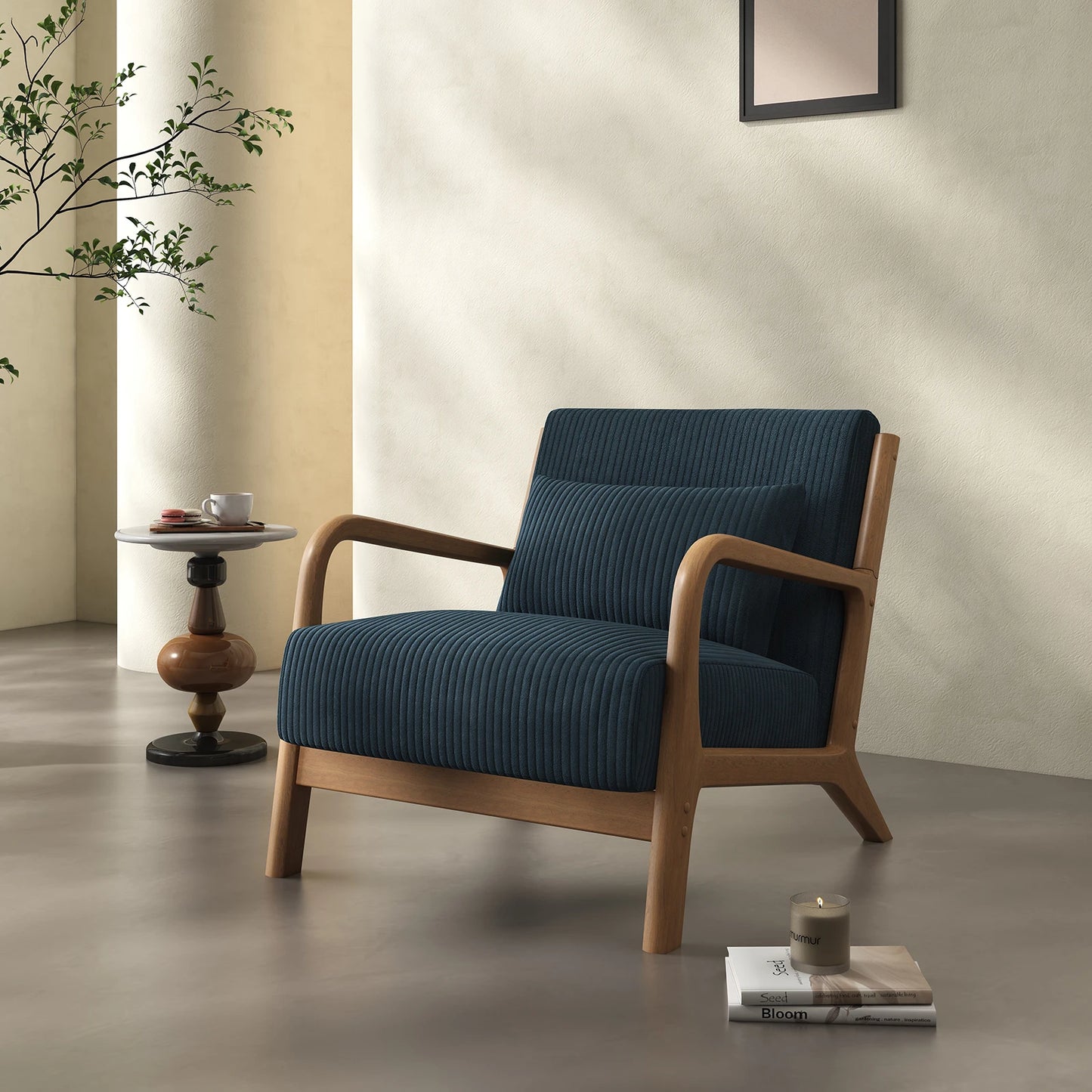 Mid Century Modern Accent Chair, Comfy Fabric Reading Chair with Solid Wood Frame, Easy Assembly Armchair for Living Room ，Bedroom
