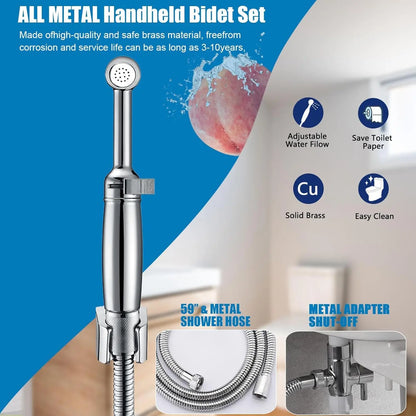 Handheld Bidet Sprayer for Toilet with Adjustable Pressure, Backflow Preventer, and Brass Wand - Easy Installation
