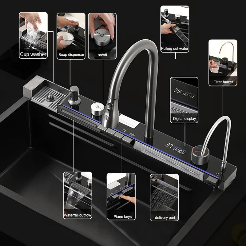304 Stainless Steel Waterfall Kitchen Sink Large Single Slot