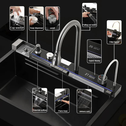 304 Stainless Steel Waterfall Kitchen Sink Large Single Slot