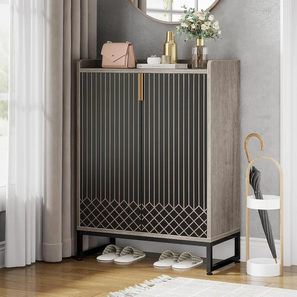 Grey Shoe Cabinet with Doors, 5-Tier Shoe Storage