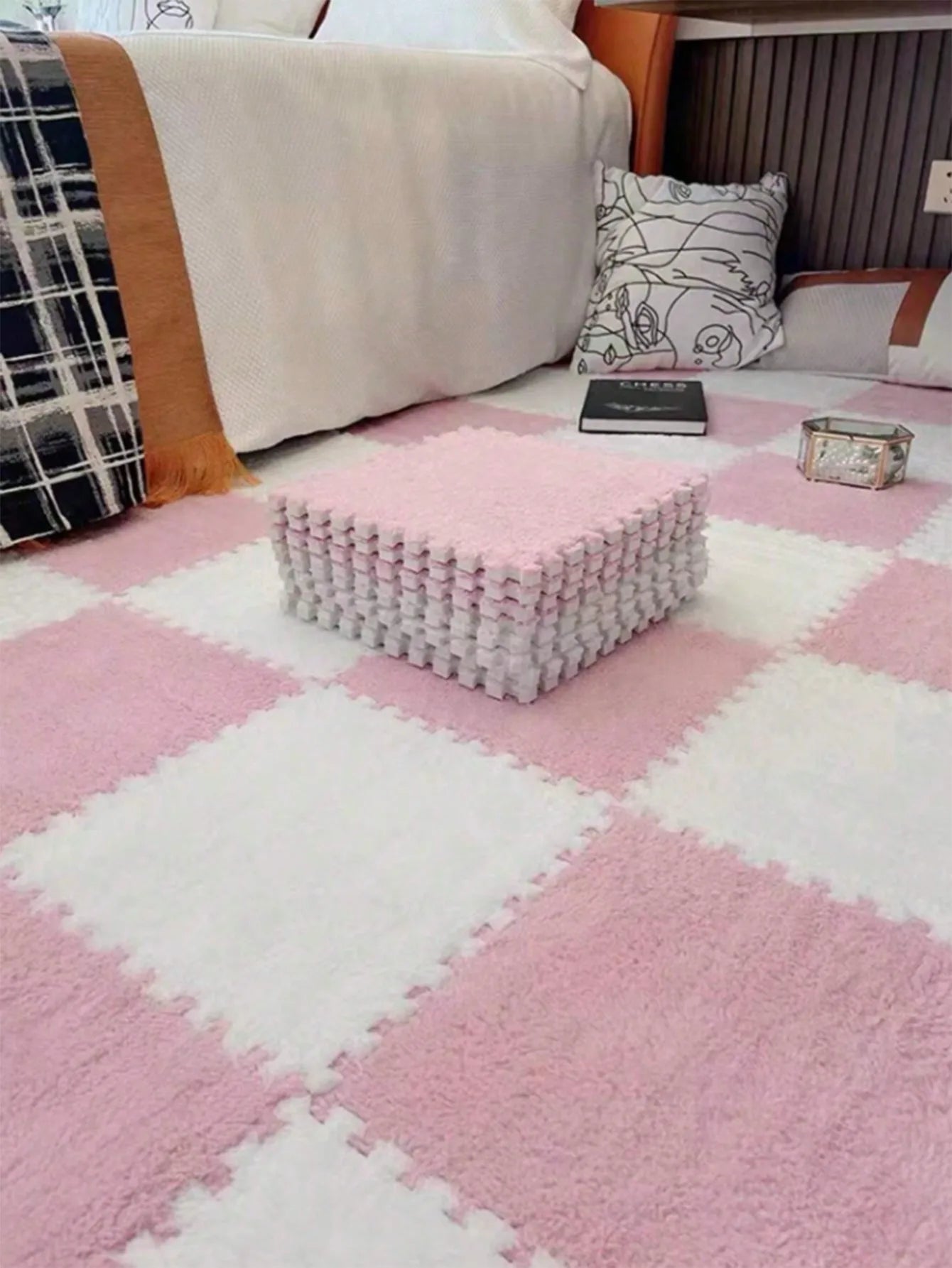 3/6/12Pcs Pink Plush Interlocking Foam Cushion Tiles