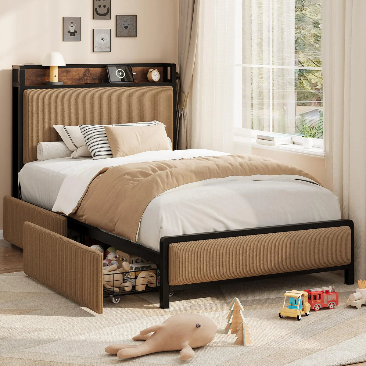 Metal Platform Bed Frame with 2 Storage Drawers