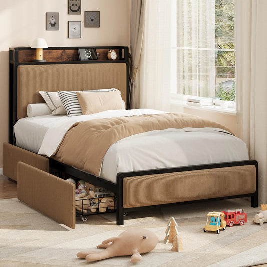 Metal Platform Bed Frame with 2 Storage Drawers
